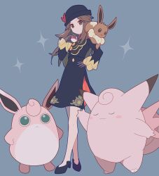 Rule 34 | 1girl, 343rone, absurdres, black dress, black footwear, black headwear, brown eyes, brown hair, clefable, closed mouth, commentary request, creatures (company), crossed legs, dress, game freak, gen 1 pokemon, gloves, grey background, hair flaps, hand on own hip, hand up, hat, highres, holding, holding poke ball, leaf (champion) (pokemon), leaf (pokemon), long hair, long sleeves, nintendo, official alternate costume, on shoulder, poke ball, pokemon, pokemon (creature), pokemon masters ex, pokemon on shoulder, premier ball, shoes, sparkle, standing, watson cross, wigglytuff