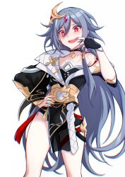 Rule 34 | 1girl, absurdres, black hair, breasts, chinese clothes, choker, cowboy shot, fangs, finger in own mouth, fu hua, fu hua (herrscher of sentience), grey hair, hair between eyes, hair censor, hair ornament, highres, honkai (series), honkai impact 3rd, jo an, long hair, looking at viewer, open mouth, red eyes, simple background, small breasts, solo, teeth, thigh gap, very long hair, white background