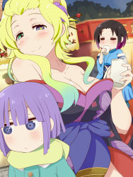 Rule 34 | 10s, 1boy, 2girls, age difference, bare shoulders, blush, breasts, cleavage, cup, dragon girl, drinking, elma (maidragon), festival, gudon (iukhzl), half-closed eyes, heterochromia, japanese clothes, kimono, kobayashi-san chi no maidragon, large breasts, looking at viewer, looking to the side, lucoa (maidragon), magatsuchi shouta, multiple girls, night, outdoors, scarf, smile, sweatdrop