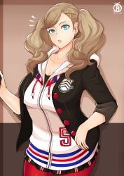 Rule 34 | 1girl, blue eyes, breasts, brown hair, highres, large breasts, long hair, persona, persona 5, revolverwing, solo, tagme, takamaki anne, twintails
