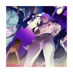 Rule 34 | 2boys, abs, bare back, bare chest, blood, bloody weapon, bloom, blue dress, blue eyes, blue hair, choker, clenched teeth, crossdressing, dagger, dress, evillious nendaiki, foreshortening, from below, gumi, gumina glassred, jacket, kaito (vocaloid), kamui gakupo, karchess crim, knife, long hair, looking down, multiple boys, open clothes, open jacket, open shirt, pectorals, ponytail, purple eyes, purple hair, purple theme, sateriasis venomania, sidelocks, smirk, spencer sais, stab, surprised, teeth, toned, toned male, venomania kou no kyouki (vocaloid), vocaloid, weapon