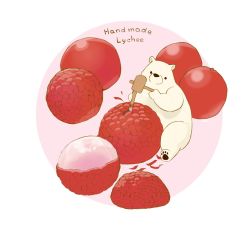 Rule 34 | bear, chai (drawingchisanne), english text, food, fruit, lychee, mallet, no humans, original, pink background, polar bear, simple background