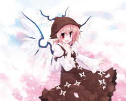Rule 34 | 1girl, bird wings, brown dress, brown hat, cherry blossoms, clenched hand, dress, female focus, frilled skirt, frills, hand on own chin, hat, long sleeves, looking at viewer, mystia lorelei, open mouth, petals, pink hair, purple hair, red eyes, short hair, skirt, smile, solo, touhou, white sleeves, winged hat, wings, yukitarou (awamori)