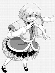 Rule 34 | 1girl, arm warmers, commentary request, full body, greyscale, highres, kakone, looking at viewer, mizuhashi parsee, monochrome, pointy ears, scarf, shoes, short sleeves, skirt, socks, solo, touhou