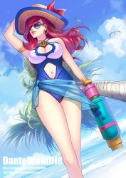 Rule 34 | 1girl, animal, arm up, armlet, bare shoulders, beach, bird, blue sky, bow, bracelet, breasts, cleavage, cleavage cutout, closed mouth, clothing cutout, cloud, cloudy sky, cowboy shot, dantewontdie, day, earrings, flying, glasses, gun, hair over one eye, hand on headwear, hat, hat bow, hat ribbon, heart, heart-shaped eyewear, heart-shaped sunglasses, holding, holding gun, holding weapon, hoop earrings, jewelry, large breasts, league of legends, legs together, lips, midair, miss fortune (league of legends), navel, navel cutout, necklace, ocean, one-piece swimsuit, outdoors, palm tree, pendant, pool party miss fortune, red bow, red hair, red lips, red ribbon, ribbon, ring, ring necklace, sarong, seagull, shade, sky, solo, sunglasses, swimsuit, tree, water, water gun, weapon