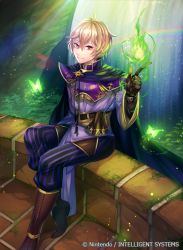 Rule 34 | 1boy, armor, boots, bug, butterfly, cape, company name, fire, fire emblem, fire emblem echoes: shadows of valentia, gloves, bug, kliff (fire emblem), leaf, male focus, matsurika youko, nintendo, official art, rainbow, red eyes, sitting, solo, sparkle, water, waterfall, white hair