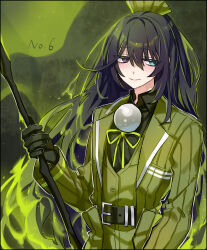 Rule 34 | belt, black gloves, black shirt, blue eyes, brooch, coat, collared shirt, e.g.o (project moon), english text, gem, glaive (polearm), gloves, green coat, green pants, green ribbon, green vest, headdress, heterochromia, highres, holding, holding polearm, holding weapon, hong lu (project moon), jewelry, limbus company, long hair, open clothes, open coat, pants, pearl (gemstone), polearm, project moon, purple eyes, ribbon, shiki (shikki46), shirt, slime (substance), solo, vest, weapon