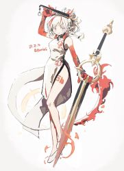 arknights, braid, china dress, chinese clothes, dress, high heels, highres, holding, holding weapon, horns, looking at viewer, multicolored hair, nian (arknights), nian (unfettered freedom) (arknights), purple eyes, streaked hair, sweatdrop, thurim6, weapon, white hair