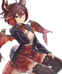 Rule 34 | 1girl, ahoge, black jacket, black thighhighs, brown eyes, brown hair, demon wings, dragon girl, granblue fantasy, grea (shingeki no bahamut), hair between eyes, hand in own hair, hand on lap, highres, horns, jacket, looking at viewer, mike590922, neck ribbon, open clothes, open jacket, pleated skirt, pointy ears, red ribbon, red skirt, ribbon, shingeki no bahamut, shirt, short hair, simple background, sitting, sketch, skirt, smile, solo, striped clothes, striped skirt, tail, thighhighs, white background, white shirt, wings, zettai ryouiki