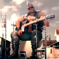 Rule 34 | 1boy, ai-assisted, bara, blue hair, boots, building, chijimetaro, cloud, cloudy sky, denim, electric guitar, facial hair, full body, giant, giant male, goatee, godaigo daigo, grin, guitar, highres, holding, holding instrument, house, instrument, jacket, jeans, large pectorals, leather, leather boots, leather jacket, magaro (godaigo daigo), male focus, mature male, mohawk, muscular, muscular male, pants, pectoral cleavage, pectorals, short hair, sideburns, sitting, sky, sleeveless, sleeveless jacket, smile, solo, stomach