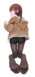 absurdres black_pantyhose feet from_behind grey_eyes highres jacket kahlua_(artist) long_hair makise_kurisu pantyhose red_hair shorts soles steins;gate thigh_gap thighhighs toes zettai_ryouiki