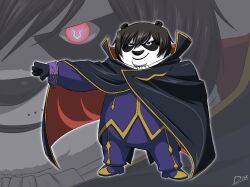 Rule 34 | 1boy, alternate costume, animal ears, animal nose, arm up, artist name, ascot, black cape, black eyes, black fur, black gloves, black hair, blue coat, blue pants, body fur, cape, closed mouth, coat, cosplay, diskette, fat, fat man, full body, furry, furry male, geass, gloves, glowing, glowing eyes, gold trim, hair between eyes, happy, high collar, kung fu panda, long sleeves, looking at viewer, male focus, multiple views, outline, outstretched arm, panda boy, panda ears, pants, pink eyes, po (kung fu panda), short hair, sidelocks, signature, smile, standing, two-sided cape, two-sided fabric, two-tone fur, white ascot, white fur, white outline, zero (code geass), zero (code geass) (cosplay), zoom layer