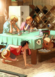 Rule 34 | !, !!, 1girl, 3boys, antlers, basket, black hair, blonde hair, blue shirt, blue shorts, book, cardigan, commentary, cup, curly eyebrows, drinking straw, eating, food, fujisee, glasses, hat, highres, holding, holding clothes, holding hat, horns, indoors, looking at another, looking at object, meat, monkey d. luffy, multiple boys, nami (one piece), on ground, one piece, orange hair, pink cardigan, purple shirt, red shirt, refrigerator, reindeer antlers, sanji (one piece), shirt, shorts, sitting, sleeveless, sleeveless shirt, smoke, straw hat, striped clothes, striped shirt, table, tony tony chopper, twintails, vertical-striped clothes, vertical-striped shirt
