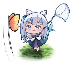 Rule 34 | 1girl, :p, animal ears, blue dress, blue eyes, blunt bangs, blush, bug, butterfly, butterfly net, chibi, commentary, dress, fins, fish tail, gawr gura, grass, hair ornament, hand net, hololive, hololive english, ine (ineinnen), insect, long hair, shark girl, shark tail, short sleeves, side ponytail, simple background, solo, tail, tongue, tongue out, virtual youtuber, white background, white hair