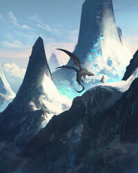 Rule 34 | 1other, blue sky, cloud, cloudy sky, dragon, dragon tail, dragon wings, fantasy, landscape, mountain, original, richardlay, sky, snow, standing, tail, wings