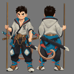 Rule 34 | 1boy, absurdres, belt, black hair, black pants, brown eyes, closed mouth, commentary request, fairwind, front to back, full body, grey background, highres, holding, holding weapon, hood, hood down, katana, male focus, monkey tail, muscular, muscular child, original, pants, profile, sheath, sheathed, short hair, short sleeves, simple background, solo, staff, standing, sword, tail, thick eyebrows, weapon