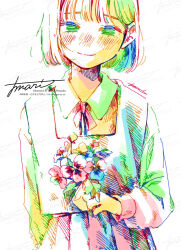 Rule 34 | 1girl, artist name, blush, bouquet, closed mouth, collared shirt, colorful, flower, hatching (texture), holding, holding bouquet, holding flower, long sleeves, looking at viewer, neck ribbon, original, pansy, pleated skirt, ribbon, school uniform, shirt, short hair, signature, simple background, skirt, smile, solo, standing, straight-on, straight hair, upper body, variant set, vest, watanabe tomari, watermark, white background