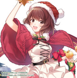 Rule 34 | 1girl, :d, arm up, belt, bow, breasts, brown eyes, brown hair, capelet, cleavage, company name, dated, dress, hat, juugonichi (wheeliex2), kanpani girls, looking at viewer, medium breasts, medium hair, official art, open mouth, ornament, red bow, red capelet, red hat, red ribbon, ribbon, simple background, smile, solo, star (symbol), watermark, web address, white background, white dress, wreath