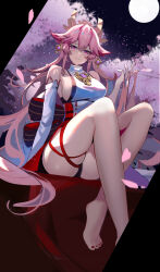Rule 34 | 1girl, animal ears, bare legs, bare shoulders, barefoot, black panties, breasts, cherry blossoms, closed mouth, crossed legs, detached sleeves, earrings, falling petals, feet, floppy ears, foot out of frame, fox ears, full moon, genshin impact, hair ornament, hand up, highres, holding, holding hair, japanese clothes, jewelry, knees up, kuroha (rockluo213), large breasts, long hair, long sleeves, looking at viewer, moon, nail polish, night, night sky, nontraditional miko, panties, petals, pink hair, purple eyes, red nails, red ribbon, red skirt, resolution mismatch, ribbon, shirt, sideboob, sidelocks, sitting, skindentation, skirt, sky, sleeveless, sleeveless shirt, smile, solo, source larger, thighs, toenail polish, toenails, toes, turtleneck, underwear, very long hair, white shirt, white sleeves, yae miko