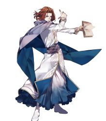 Rule 34 | 1boy, 88 taho, blue cape, blue eyes, book, cape, collar, fire emblem, fire emblem: thracia 776, fire emblem heroes, focused, full body, highres, holding, holding book, lips, long sleeves, male focus, nintendo, official art, red hair, robe, saias (fire emblem), serious, short hair, solo, standing, transparent background, white footwear, white robe