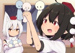 Rule 34 | 2girls, :&lt;, animal ears, arms up, black hair, commentary request, detached sleeves, expressionless, hat, highres, holding, indoors, inubashiri momiji, looking at another, looking up, multiple girls, open mouth, pointy ears, pom pom (clothes), puffy short sleeves, puffy sleeves, rain, red eyes, red headwear, saisoku no yukkuri, shameimaru aya, shirt, short hair, short sleeves, sweat, teruterubouzu, tokin hat, touhou, upper body, white hair, white shirt, window, wolf ears
