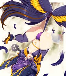 Rule 34 | 1girl, ass, bird legs, black feathers, black wings, breasts, commentary, commission, covered eyes, english commentary, feathered wings, feathers, flying, harpy, head wings, highres, long hair, medium breasts, monster girl, navel, niandni, oneiroi (apexhydra8), original, panties, partially feathered tail, purple hair, purple panties, purple thighhighs, sleep mask, solo, spoken zzz, squeans, stomach tattoo, talons, tattoo, thighhighs, underwear, upside-down, winged arms, winged tail, wings, zzz