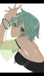 Rule 34 | 1girl, arms up, bare arms, bare shoulders, black leotard, breasts, commentary request, fins, from side, green eyes, green hair, hair between eyes, hair ornament, hairclip, highres, kochi (wwwkyck), leotard, letterboxed, looking at viewer, medium breasts, parted lips, short hair, simple background, sinon, solo, sword art online, teeth, upper body, white background, x hair ornament