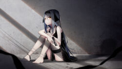 Rule 34 | 1girl, absurdres, anklet, bare shoulders, barefoot, black choker, black dress, black hairband, black ribbon, blue hair, blush, breasts, choker, cleavage, dot mouth, dress, eyelashes, gangzi (vtuber), glock, gun, hair between eyes, hairband, handgun, hands on own knees, highres, holding, holding gun, holding weapon, indie virtual youtuber, jewelry, knees up, korean streamer, lace, lace-trimmed dress, lace trim, long hair, looking at viewer, medium breasts, on floor, ribbon, shadow, sleeveless, sleeveless dress, small breasts, solo, thecold, thigh strap, virtual youtuber, weapon, yellow eyes