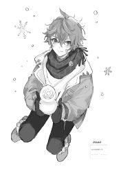 Rule 34 | 1boy, artist name, bad id, bad twitter id, bandaid, bandaid on face, bishounen, blush, full body, genshin impact, gloves, greyscale, looking at viewer, male focus, monochrome, short hair, simple background, snowflakes, snowing, snowman, solo, tartaglia (genshin impact), ueauwa, white background