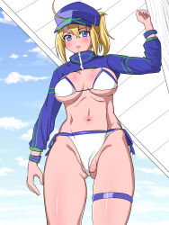 Rule 34 | 1girl, ahoge, arm up, artoria pendragon (fate), bikini, blonde hair, blue eyes, blush, breasts, breasts apart, cloud, day, fate/grand order, fate (series), from below, groin, hair between eyes, hat, highres, kageusu gokuto, large breasts, legs, looking at viewer, mysterious heroine x (fate), mysterious heroine xx (fate), navel, outdoors, ponytail, pussy, short ponytail, shrug (clothing), simple background, sky, solo, standing, string bikini, swimsuit, thigh strap, thighs, uncensored, zipper
