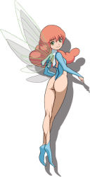 Rule 34 | artist request, ass, bare legs, bridal gauntlets, cham fau, drop shadow, fairy, fairy wings, full body, green eyes, leotard, long hair, long sleeves, looking at viewer, looking back, orange hair, pointy footwear, seisenshi dunbine, shoes, simple background, smile, solo, white background, wings