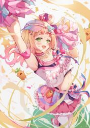Rule 34 | 1girl, arm up, blonde hair, blue ribbon, blush, breasts, character name, cheerleader, commentary, crop top, gradient hair, green background, hair ornament, hairclip, hat, head tilt, highres, hololive, jumping, long hair, medium breasts, miakiuehashi, midriff, momosuzu nene, momosuzu nene (cheerleader), multicolored hair, nekko (momosuzu nene), one side up, open mouth, pink footwear, pink hair, pink hat, pink ribbon, pink skirt, pleated skirt, pom pom (cheerleading), ribbon, shoes, sidelocks, skirt, sneakers, solo, thighhighs, virtual youtuber, visor cap, white background, white thighhighs