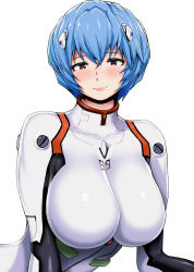 Rule 34 | 1girl, alternate breast size, ao madoushi, ayanami rei, blue hair, bodysuit, breasts, highres, interface headset, large breasts, light smile, looking at viewer, neon genesis evangelion, plugsuit, red eyes, short hair, simple background, solo, white background