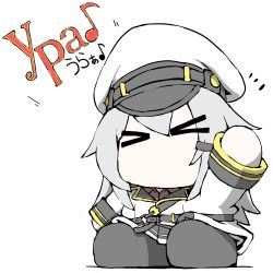 Rule 34 | &gt; &lt;, 1girl, belt, black footwear, black skirt, boots, chibi, coat, cyrillic, gangut (kancolle), grey hair, hair ornament, hairclip, hand up, hat, kantai collection, long hair, military hat, miniskirt, musical note, no mouth, pleated skirt, russian text, school uniform, serafuku, simple background, skirt, solo, task (s task80), white background