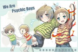 Rule 34 | 2boys, arm up, bad id, bad pixiv id, belt, blonde hair, blue eyes, brothers, brown hair, chibi, claus (mother 3), karasuuri, lucas (mother 3), male focus, mother (game), mother 3, multiple boys, nintendo, quiff, running, shorts, siblings, smile, striped, twins