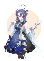 Rule 34 | 1girl, absurdres, ahoge, azur lane, black legwear, breasts, china dress, chinese clothes, closed mouth, cropped legs, diamond hair ornament, dress, floral print, foch (azur lane), grey hair, hair between eyes, hair ornament, hand mirror, hands up, highres, holding, holding mirror, long hair, looking to the side, medium breasts, mirror, multicolored hair, ohisashiburi, purple hair, red eyes, simple background, sleeveless, sleeveless dress, smile, solo, two-tone background