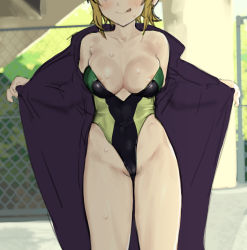Rule 34 | 1girl, 2equal8, :q, akatsuki kirika, areola slip, blonde hair, breasts, cleavage, coat, head out of frame, highleg, highleg swimsuit, highres, large breasts, one-piece swimsuit, open clothes, open coat, original, senki zesshou symphogear, short hair, sketch, solo, standing, sweat, swimsuit, tongue, tongue out