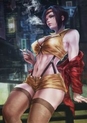 Rule 34 | abs, absurdres, breasts, cigarette, cowboy bebop, crop top, faye valentine, fingernails, hairband, highres, holding, holding cigarette, lips, medium breasts, midriff, monori rogue, nail polish, parted lips, purple eyes, red nails, shirt, short hair, shorts, sitting, smoke, solo, suspender shorts, suspenders, sweater, thighhighs, yellow hairband, yellow shirt, yellow shorts