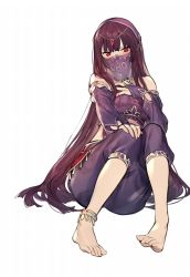 Rule 34 | 1girl, arabian clothes, barefoot, blunt bangs, blush, breasts, covered mouth, detached sleeves, duoyuanjun, feet, full body, gerudo set (zelda), girls&#039; frontline, harem outfit, highres, long hair, looking at viewer, medium breasts, mouth veil, purple hair, red eyes, simple background, sitting, solo, tiara, toes, veil, wa2000 (girls&#039; frontline), white background