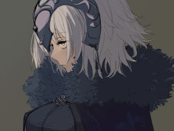 Rule 34 | 1girl, absurdres, black cape, black shirt, cape, chain, closed mouth, collar, fate/grand order, fate (series), from side, fur-trimmed cape, fur trim, glaring, grey background, headpiece, highres, jeanne d&#039;arc alter (fate), kaigan0211, looking ahead, metal collar, portrait, profile, shirt, short hair, simple background, solo, white hair, yellow eyes
