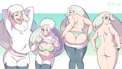 Rule 34 | 1girl, absurdres, ass, bra, breasts, cleavage, closed eyes, creatures (company), female focus, finger to mouth, game freak, green bra, green panties, gym leader, highres, large breasts, long hair, looking at viewer, mature female, melony (pokemon), multiple views, nintendo, nude, one eye closed, open mouth, panties, pokemon, pokemon swsh, shushing, signature, smile, solo, thong, topless, underwear, undressing, wayside levy, wink