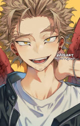 Rule 34 | 1boy, :d, artist name, boku no hero academia, brown hair, close-up, commentary, earrings, facial hair, fangs, feathered wings, forehead, goatee, green jacket, hand up, hawks (boku no hero academia), jacket, jewelry, kadeart, language request, looking at viewer, lower teeth only, male focus, open clothes, open jacket, open mouth, parted bangs, shirt, short sleeves, smile, spiked hair, stubble, teeth, upper body, upper teeth only, white shirt, wings, yellow background, yellow eyes, zipper