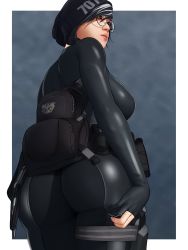 Rule 34 | 1girl, aethos, ass, back, backpack, bag, beanie, black gloves, black hair, black hat, black legwear, bodysuit, breasts, brown eyes, closed mouth, cowboy shot, dokkaebi (rainbow six siege), fingerless gloves, from behind, glasses, gloves, hat, highres, huge ass, large breasts, lips, looking away, looking to the side, military, military uniform, multicolored hair, nail polish, pouch, rainbow six siege, round eyewear, silver hair, simple background, skin tight, solo, standing, thigh strap, tight clothes, two-tone hair, uniform