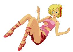 Rule 34 | 1girl, bare arms, blonde hair, blue eyes, breasts, cross-laced footwear, elle vianno, full body, gundam, gundam zz, hair ribbon, iracco, navel, open mouth, pink footwear, ponytail, ribbon, shoes, solo, underboob, white background