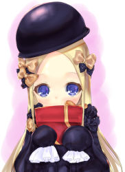 Rule 34 | 1girl, abigail williams (fate), awa (rosemarygarden), black bow, black dress, black hat, blonde hair, blue eyes, bow, box, commentary request, covered mouth, dress, fate/grand order, fate (series), forehead, gift, gift box, hair bow, hat, holding, holding gift, long sleeves, looking at viewer, orange bow, parted bangs, polka dot, polka dot bow, sleeves past fingers, sleeves past wrists, solo, valentine