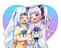 Rule 34 | 2girls, animal ears, arm hug, bare shoulders, blue hair, blunt bangs, blush, bridal veil, bride, cat ears, closed eyes, collarbone, commentary, dress, female focus, gawr gura, hair ornament, heart, heart background, highres, hololive, hololive english, jindai3663, looking at another, multicolored hair, multiple girls, murasaki shion, murasaki shion (gothic lolita), one eye closed, open mouth, purple hair, shark hair ornament, sharp teeth, smile, streaked hair, teeth, twintails, veil, virtual youtuber, wedding dress, white dress, white hair, wife and wife, yellow dress, yuri