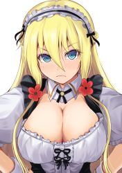 Rule 34 | alice (bishoujo mangekyou), bishoujo mangekyou, bishoujo mangekyou: kami ga tsukuritamouta shoujo-tachi, bishoujo mangekyou (series), blonde hair, blue eyes, blush, breasts, cleavage, cleavage cutout, clothing cutout, detached collar, dress, frilled dress, frills, highres, kanzaki kureha, large breasts, long hair, maid, maid headdress, solo, upper body