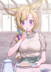 Rule 34 | 1girl, absurdres, animal ear fluff, animal ears, arm cutout, black hair, blonde hair, blush, braid, breasts, commentary request, cup, eating, flower, food, fox ears, hair flower, hair ornament, hair over eyes, hair ribbon, highres, holding, hololive, indoors, large breasts, long hair, looking at food, multicolored hair, nemoto yuuma, omaru polka, omaru polka (street casual), pink hair, plate, purple eyes, ribbon, shirt, short sleeves, single braid, solo, sparkle, star-shaped pupils, star (symbol), streaked hair, symbol-shaped pupils, teacup, teapot, utensil in mouth, virtual youtuber, white flower, white shirt