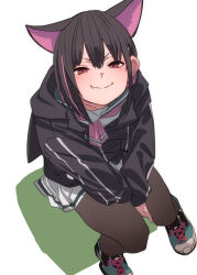Rule 34 | 1girl, animal ears, black hair, blue archive, blush, cat ears, commentary, fang, from above, fu-ta, hood, hoodie, kazusa (blue archive), looking at viewer, multicolored hair, neckerchief, pantyhose, pink hair, pink neckerchief, shoes, short hair, simple background, sitting, skirt, smile, sneakers, solo, two-tone hair, white background