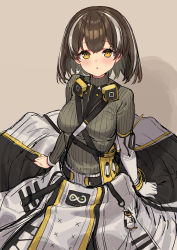 Rule 34 | 1girl, arknights, bird mask, blush, breasts, brown background, brown hair, clothes around waist, commentary, cowboy shot, earrings, from above, gloves, grey sweater, highres, jewelry, charm (object), long sleeves, looking at viewer, magallan (arknights), magallan (elite ii) (arknights), mask, mask around neck, medium breasts, multicolored hair, open mouth, rhine lab logo, ribbed sweater, shadow, short hair, sigm@, silver hair, simple background, single earring, single glove, sitting, solo, strap, streaked hair, sweater, symbol-only commentary, emperor (arknights), turtleneck, turtleneck sweater, two-tone hair, white gloves, wristband, yellow eyes